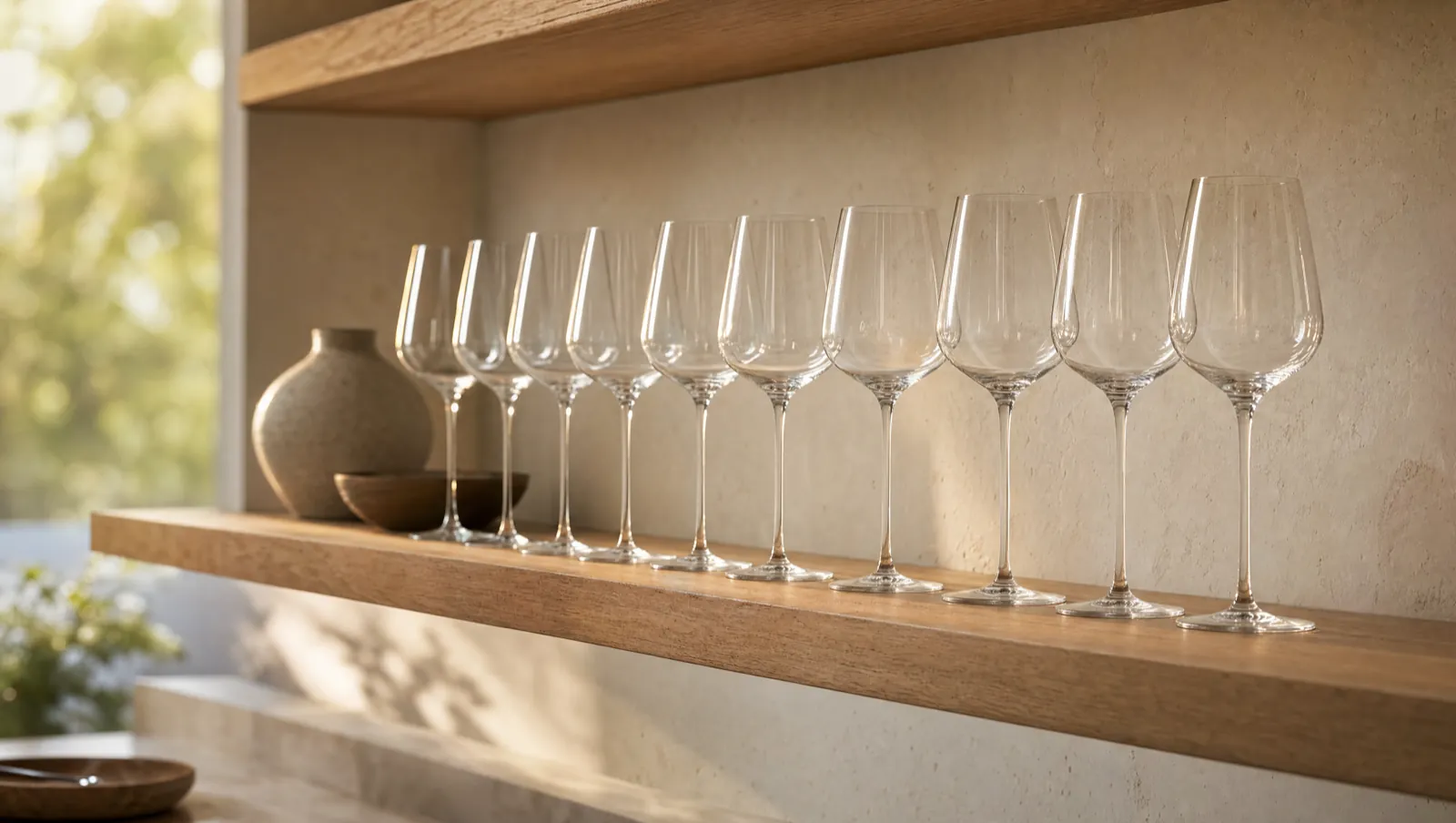 Crystal wine glasses stored upright on an open oak shelf in warm daylight