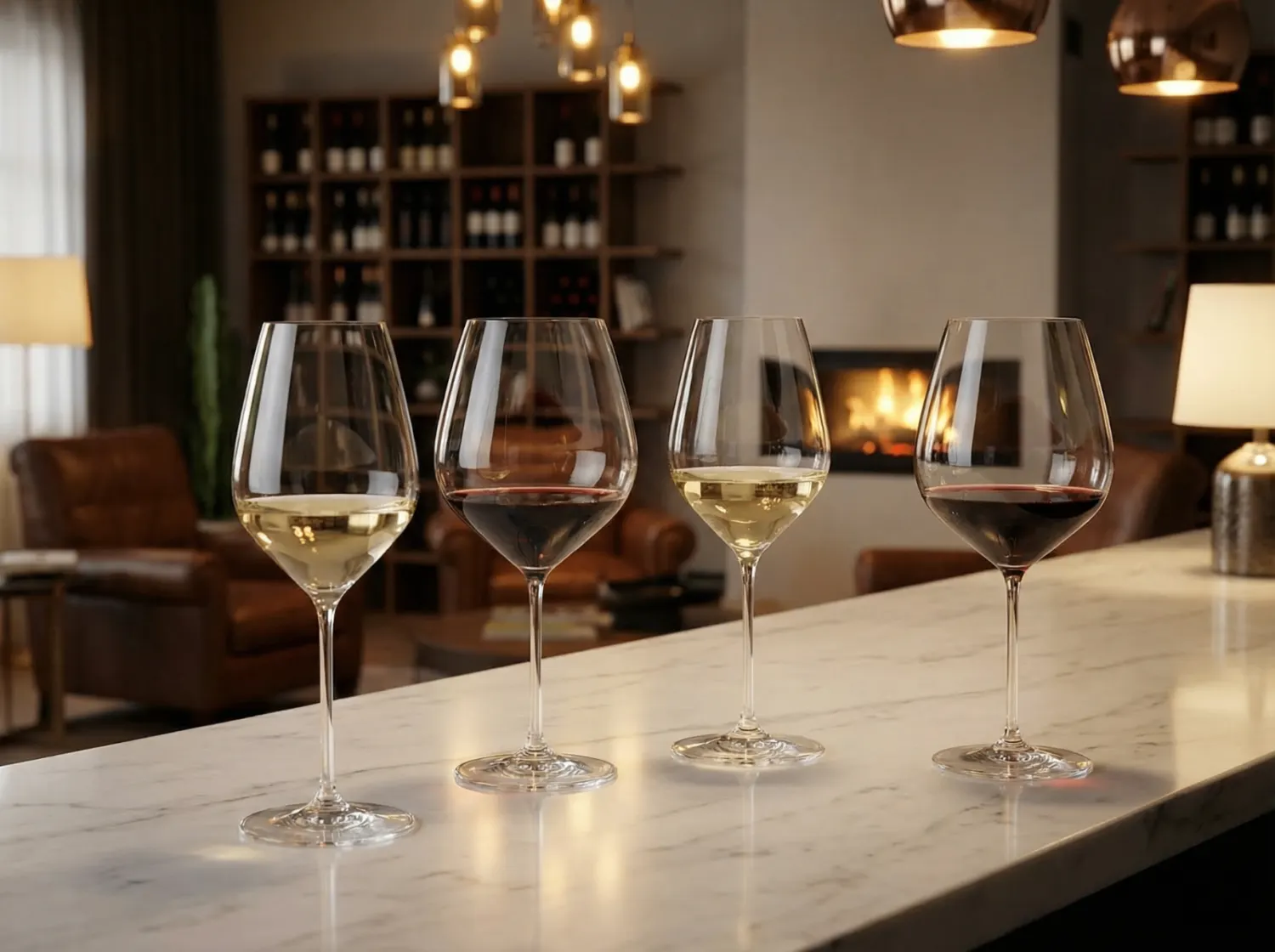 Four varietal-specific Riedel wine glasses filled with red and white wine on a marble counter