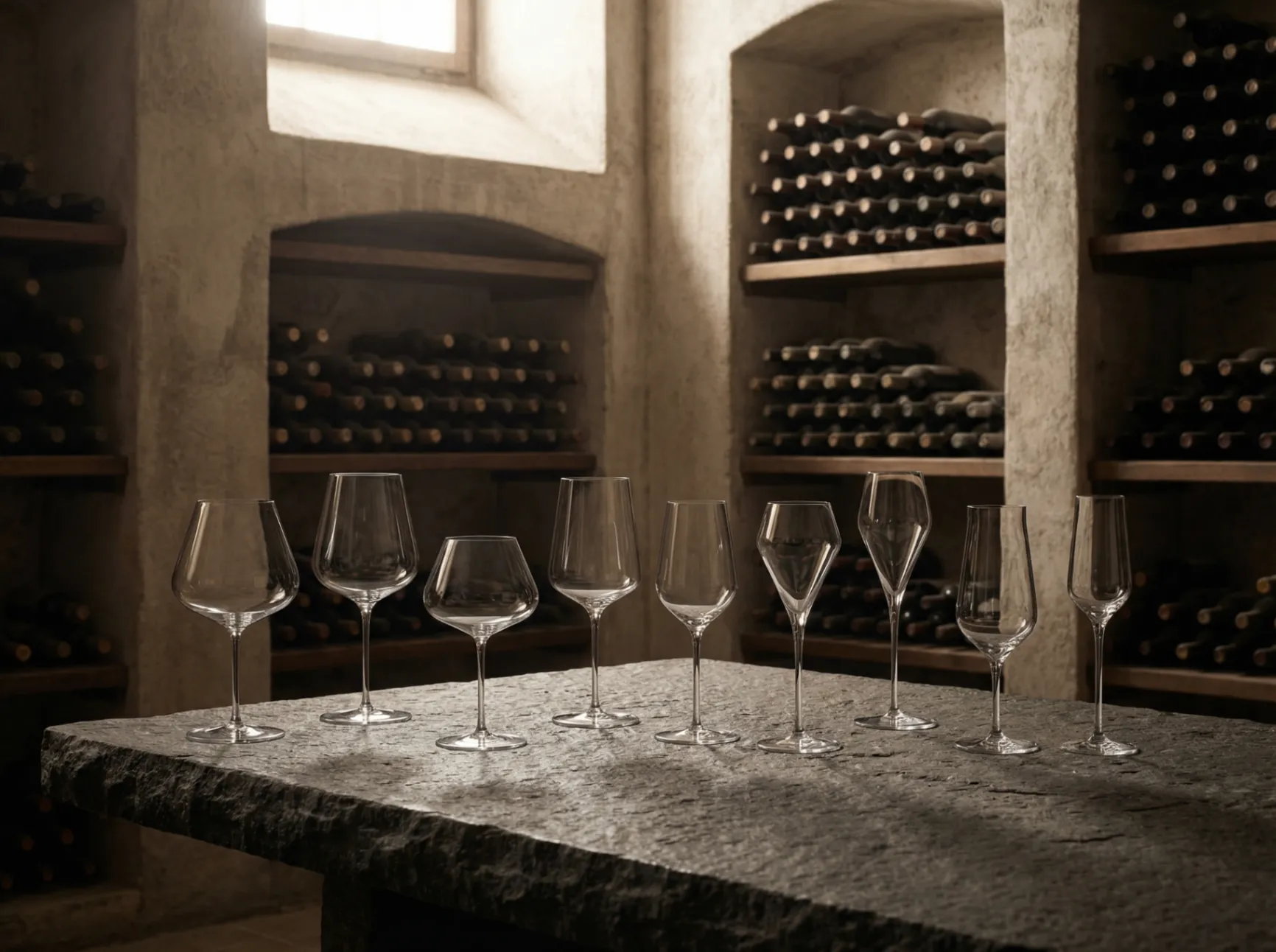 Mouth-blown wine glasses on a stone table in a candle-lit wine cellar