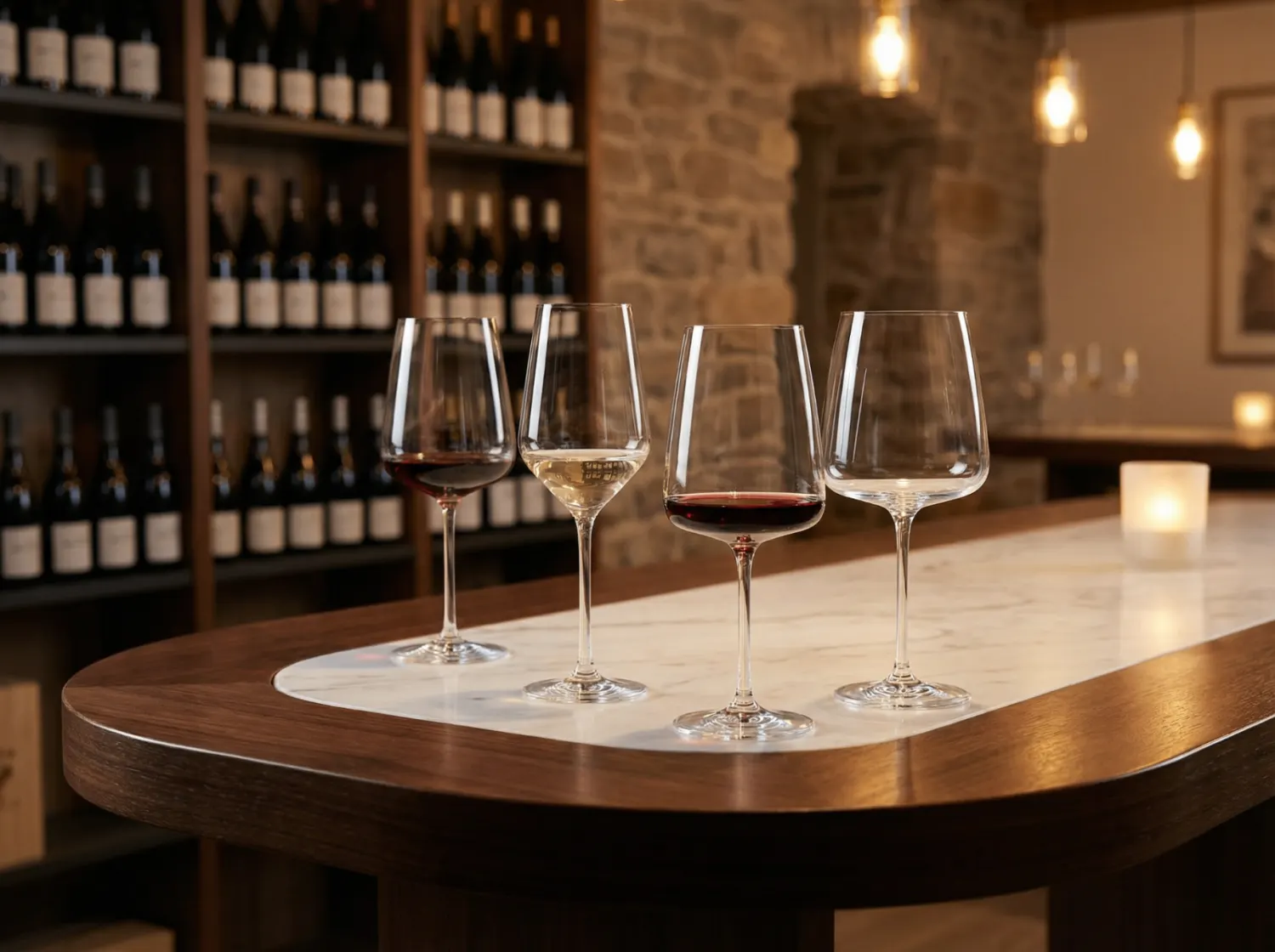 Schott Zwiesel Tritan crystal wine glasses on a bar in a wine shop